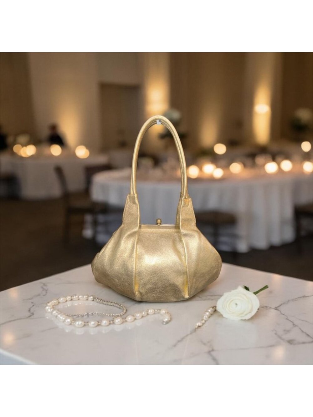 VTG HOBO Blanche Satchel Gold Metallic Leather Fortune Cookie Frame Clasp Lock